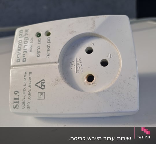 שקע חשמלי עם כיתוב בעברית ונורות חיווי ירוקות